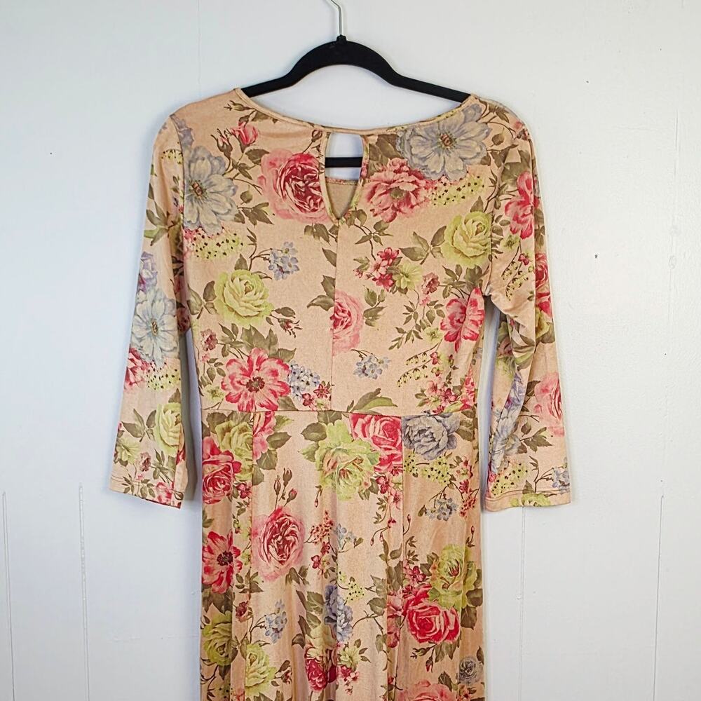 Orange Creek Maxi Dress Medium Suede Tan Floral 3/4 Sleeve Cottagecore Romantic - Picture 5 of 13